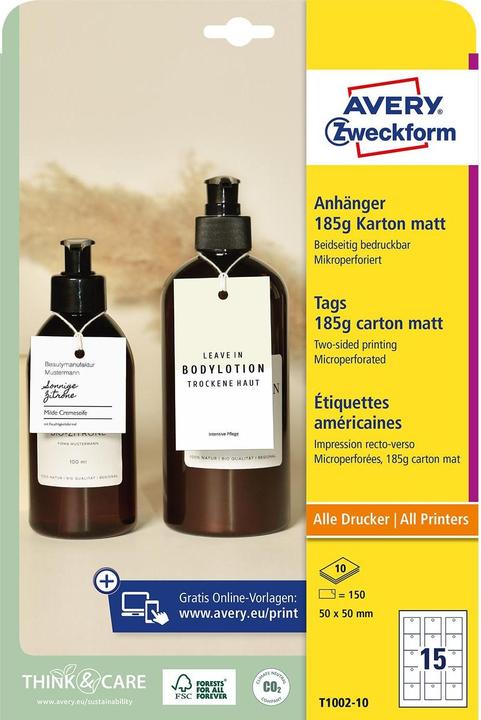 Produktbild Avery Zweckform Anhänger, Karton, 185 g/qm, 50 x 50 mm, weiss extra feine Mikroperforation, beidseitig bed