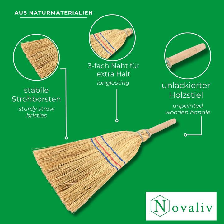 Produktbild Novatool Kleiner Besen Reisigbesen mit Stiel kurz 40cm Strohbesen Kinder Hexenbesen klein Garden Bro (1 Stk.)