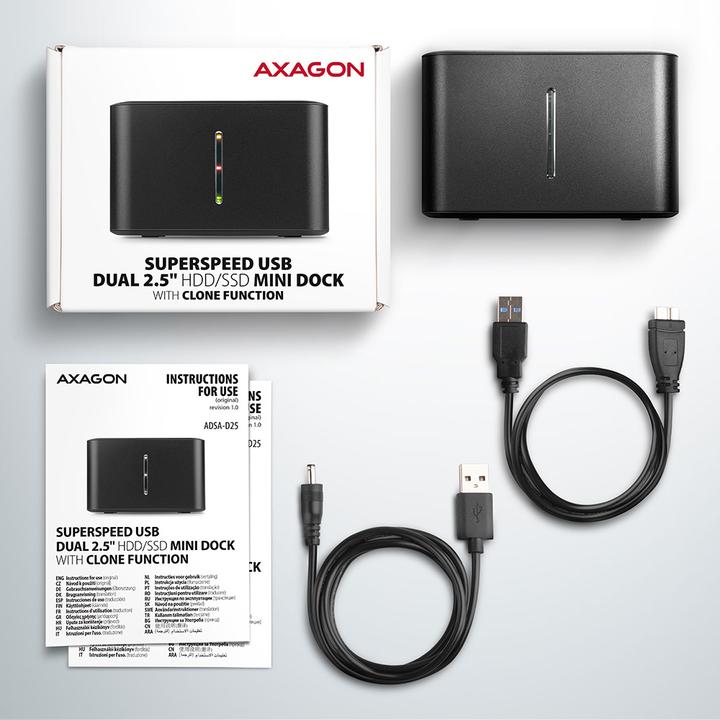 Image du produit Axagon ADSA-D25 Station d'accueil pour lecteur de stockage USB 3.2 Gen 1 (3.1 Gen 1) Type micro-B Noir (2.5")