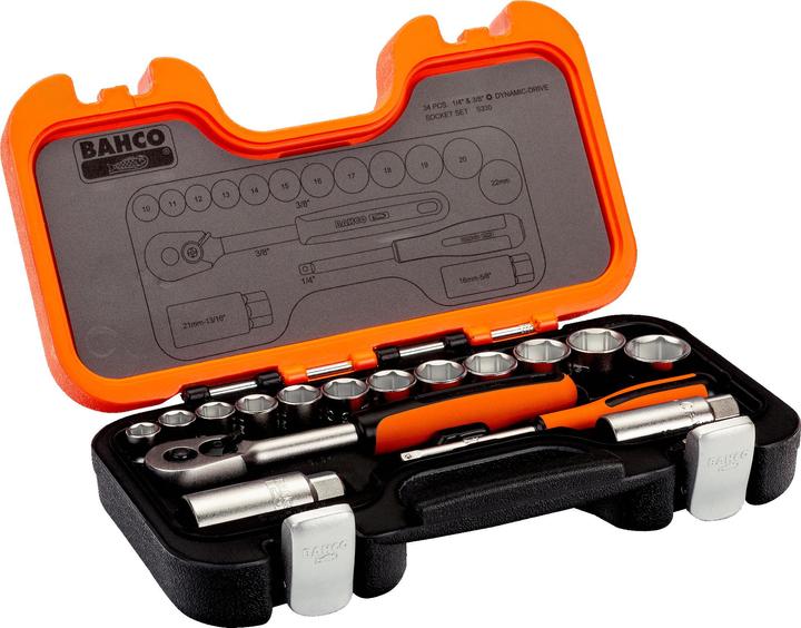 Produktbild Bahco 1/4"- und 3/8"-Steckschlüssel-Satz, metrisch, Sechskant, inklusive Umschaltknarre - 34-teilig (3/8")