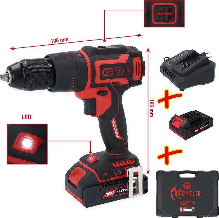 Productafbeelding KS Tools eMONSTER borstelloze accu klopboormachine en schroevendraaierset, 4-delig | 18 volt, 2 accu's en (Oplaadbare batterij)