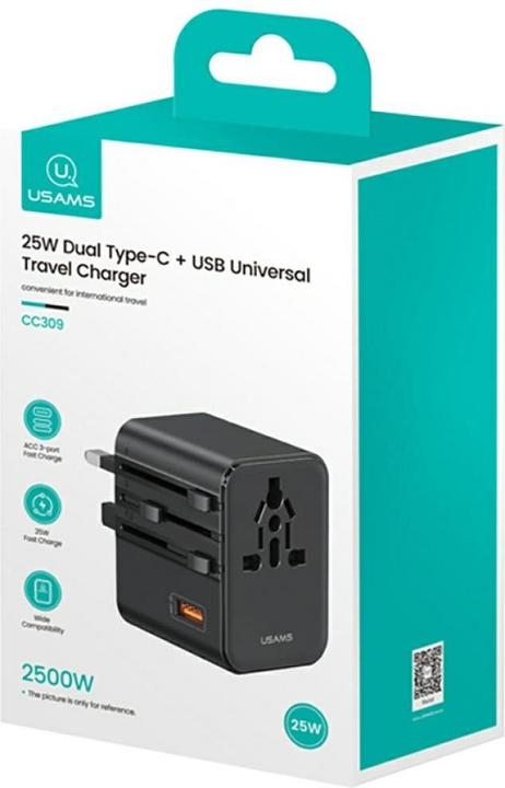 Immagine prodotto Usams Travel Charger Adapter CC309 2xUSB-C 25W 4in1 US/AU/EU/UK black (25 W)