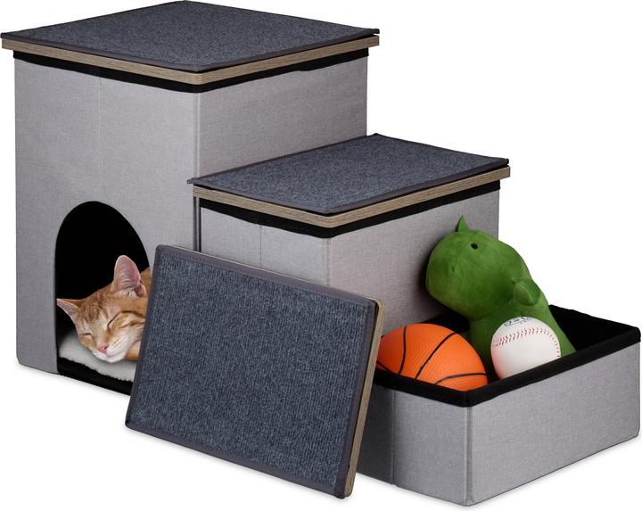 Relaxdays - Hundetreppe 3 Stufen mit Höhle, Anthrazit / Grau / Weiss, H x B x T: ca. 41,5 x 72 x 33 c (Hund, Faltbar)