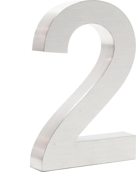 Wiltec Stainless Steel 3-D House Number "2" Arial 20cm Rustproof and Weather-resistant with Satin