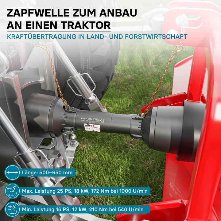 Image du produit Wiltec Arbre de transmission T1 Cardan 500-650mm 210Nm 540tr/min Prise Force 18kW (25CV) 2x 1 3/8" 6 D (Accessoires pour tracteurs)