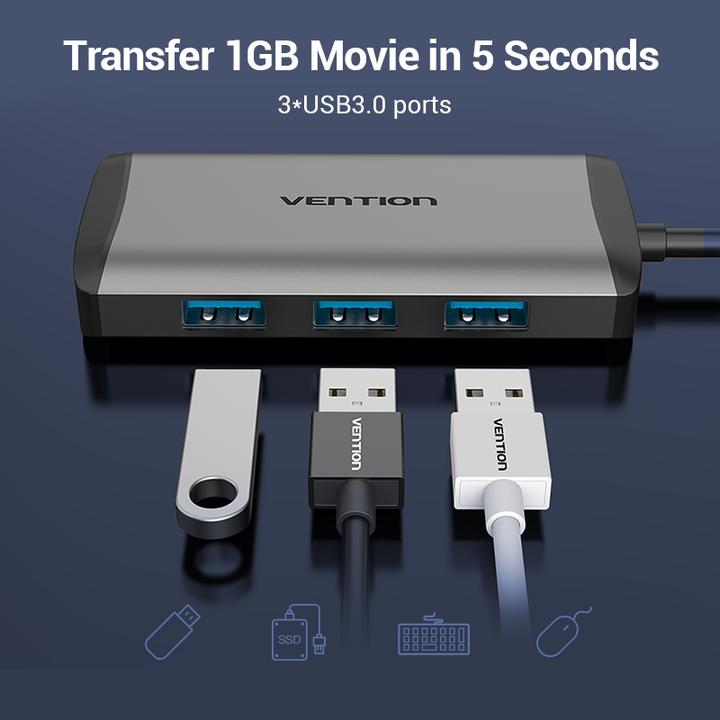 Produktbild Vention USB-C Docking Station to HDMI, 3x USB3.0, RJ45, PD 0.15m CNCHB, gray (USB-C, 4 Ports)