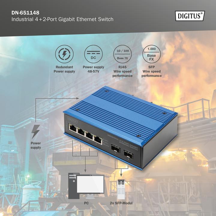 Immagine prodotto Digitus Switch Gigabit Ethernet a 4+2 porte industriale (6 Porti)