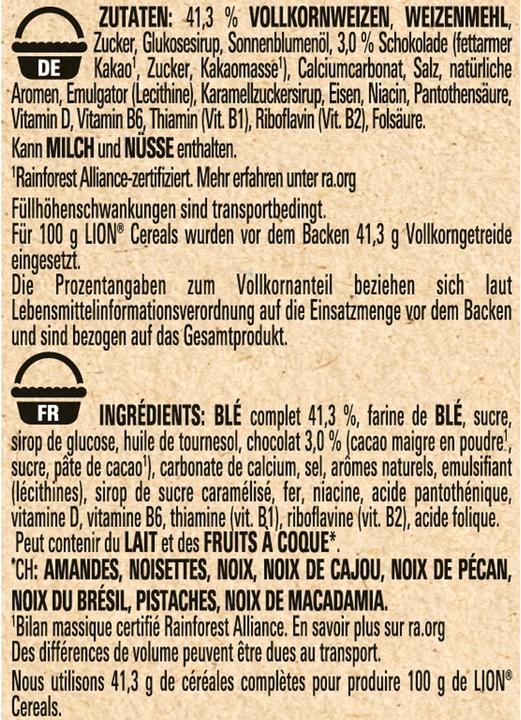 Nährwerte und Zutaten Lion Cerealien (480 g)