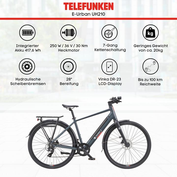 Produktbild Telefunken Urban E-Bike Herren UH210 28 Zoll Hinterradmotor 7-Gang Kettenschaltung (48 cm)