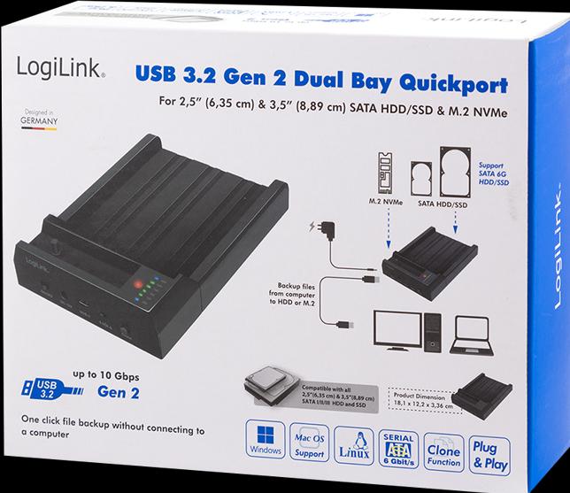 Actual product image LogiLink USB 3.2 Gen 2 Quickport, 2-port, for SATA HDD/SSD and M.2 NVMe SSD (2 Ports)