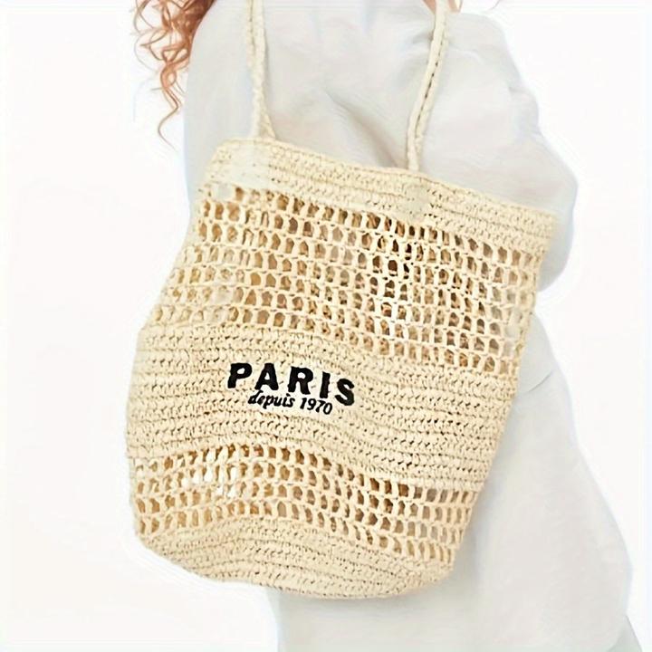 Produktbild Only-Bags.Store Ausgehöhlte Stroh gewebte Einkaufstasche, modische Stickerei-Buchstaben-Umhängetasche, Strandtasche