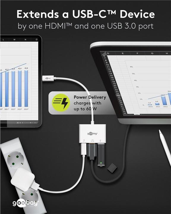 Actual product image Goobay USB-C™ Multiport Adapter HDMI, White, 0.15 m (USB-C, 3 Ports)