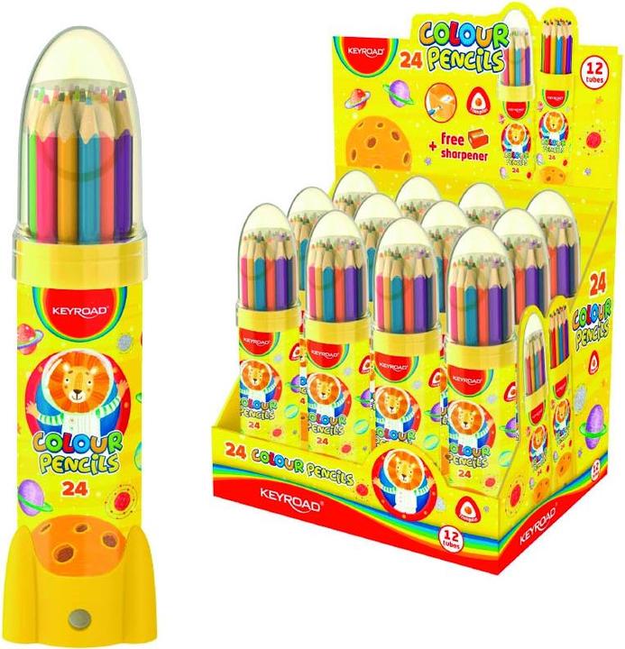 Productafbeelding Keyroad Potloodkrijtjes, driehoekig, in raketvormige metalen koker, 24 stuks, display, kleurenmix (Veelkleurig, 24 x)
