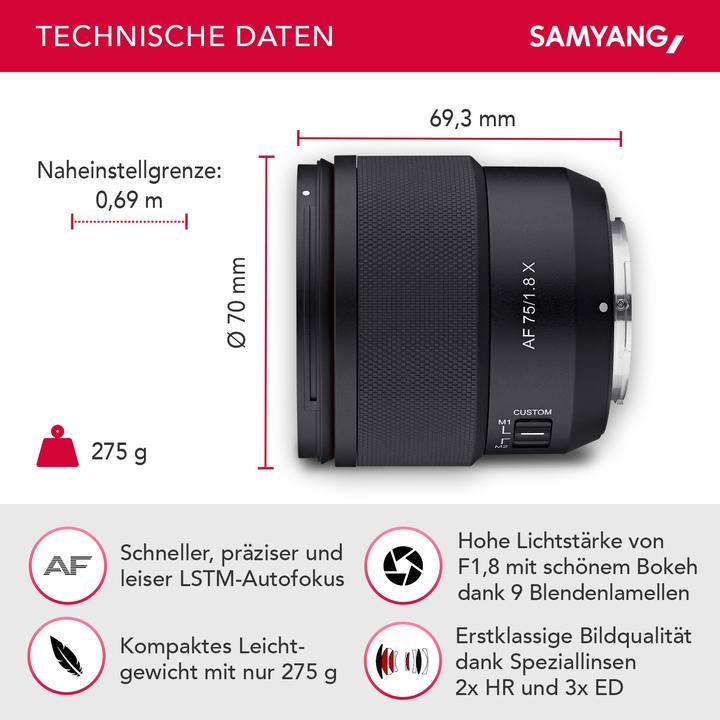 Actual product image Samyang AF 75mm F1,8 Fuji X (Fujifilm X, APS-C / DX)