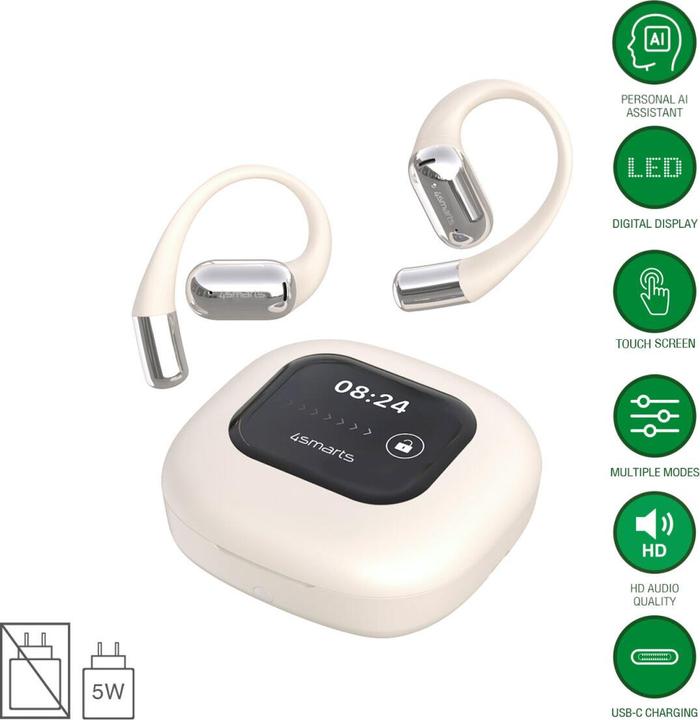 Productafbeelding 4smarts Open-Ear Bluetooth Kopfhörer SkyBuds AI Screen, Beige (Geen ruisonderdrukking, 4 h, Draadloze)
