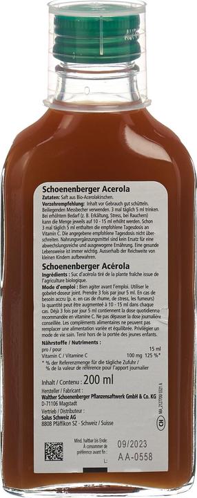 Nutritional values and ingredients Schönenberger Acerola (1 Piece, Liquid, 434 g)