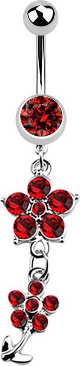 Star Piercing Banane silber mit Anhänger zwei Kristallblumen rot (ohne Messing, Chirurgenstahl 316L)