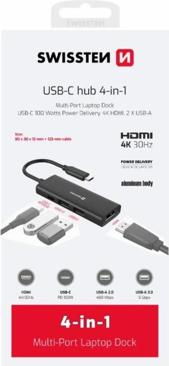 Produktbild Swissten USB-C Hub 4-In-1 (USB-C 100W, Hdmi 4K, 2X USB-A) Aluminium (USB-C, 4 Ports)