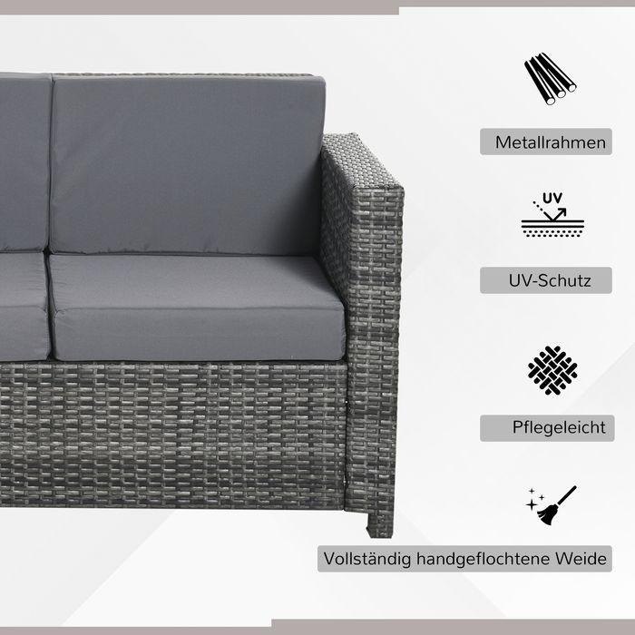 Produktbild Swisshandel24 Poly-Rattan Sofa mit Kissen 3-Sitzer Garten Loungesofa Metall Polyester Grau 185 x 70 x 80 cm