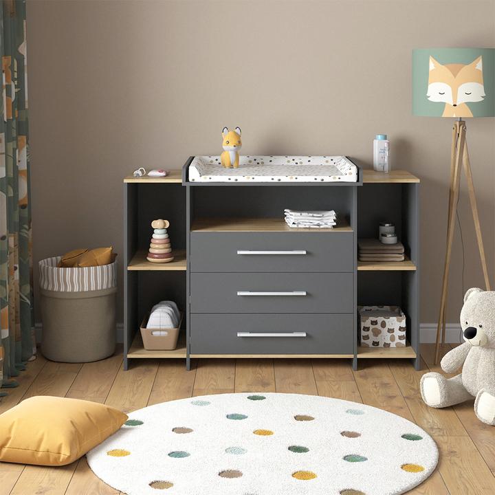 Actual product image Vichy Wickelkommode Oskar, Anthrazit/Goldkraft Eiche, 143.2 x 93 cm mit 3 Schubladen