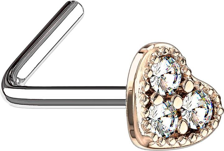 Star Piercing Nasenstecker gewinkelt rosegold Herz Kristall silber (Chirurgenstahl 316L, Messing)