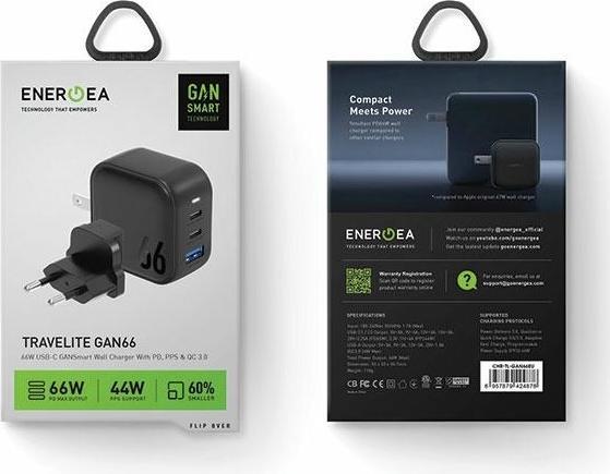 Actual product image Energea ład. siec. 1xUSB+2xUSB-C PD-PPS-QC 3.0 66W 2C1A czarny/black US+EU Travelite GAN66 (66 W)