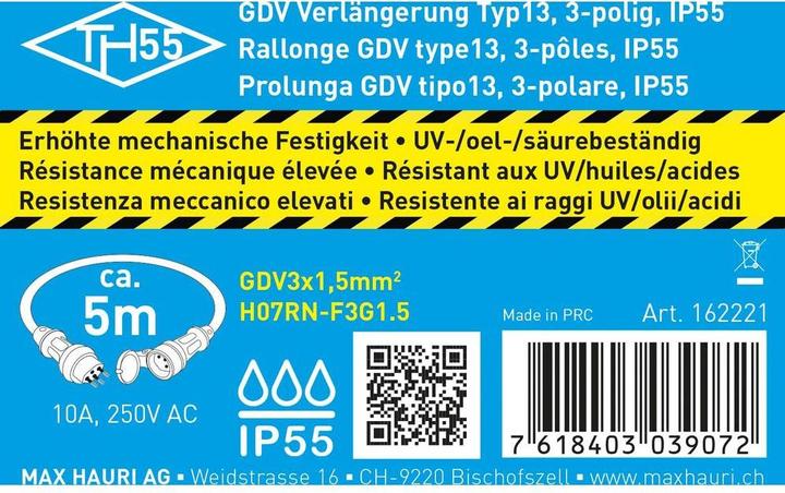 Image du produit Max Hauri TH55 Rallonge GDV H07RN IP55 (5 m, Type 13)
