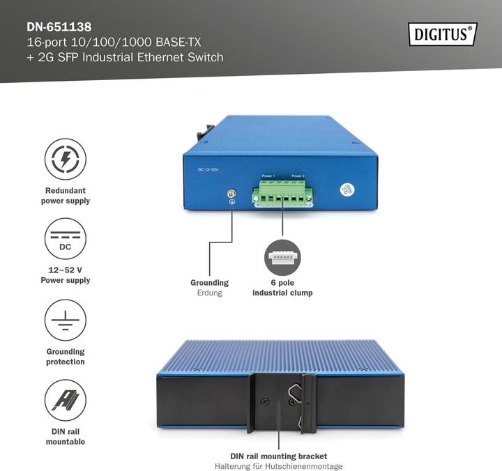 Image du produit Digitus Commutateur industriel Ethernet 16 ports 10/100/1000BASE-TX + 2G SFP (16 Ports)
