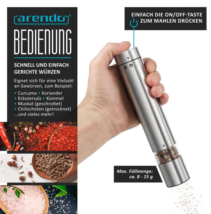Actual product image Arendo Salz- & Pfeffermühle Elektrisch 2er Set, Gewürzmühlen, Edelstahl, Glasbehälter, Batteriebetrieben (Pepper, Herbs, Salt)