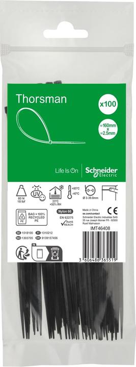 Produktbild Schneider Kabelbinder Thorsman, Abmessung: 160X2,5 mm, VPE=100 Stück Farbe schwarz IMT46408 (Kunststoffkabelbinder, 160 mm, 100 Stk.)