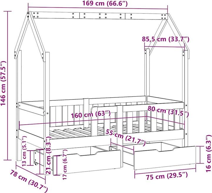 Actual product image VidaXL Cot with drawers (90 x 190 cm)