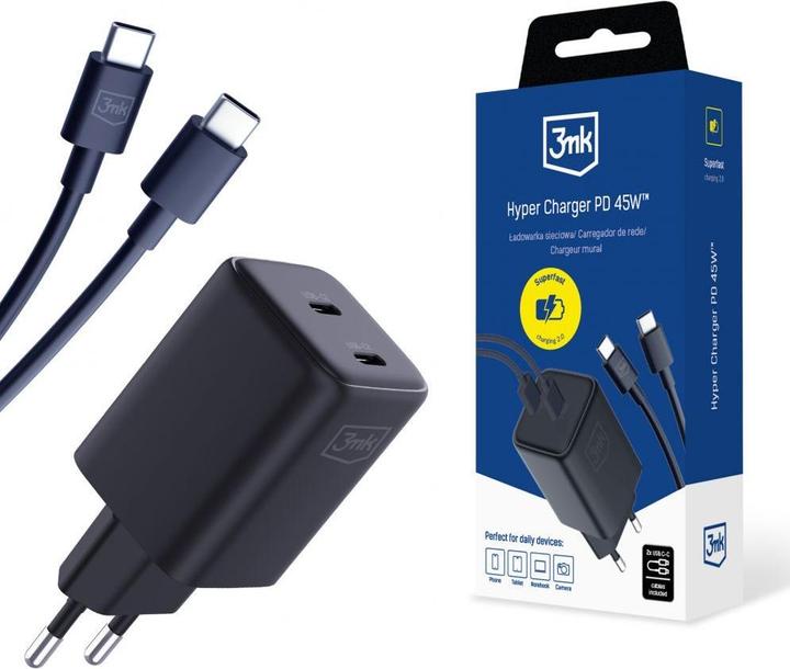 3MK Hyper Charger PD 45W ład. sieć. czarna/black + 2x USB-C Cables (45 W)