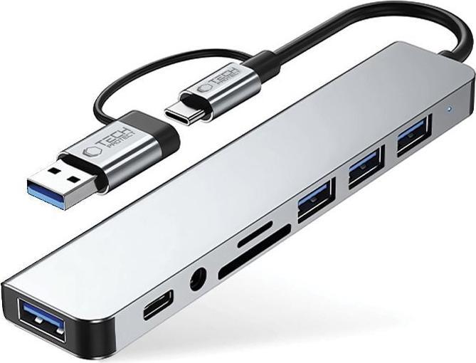 Immagine prodotto Tech-Protect HB06 HUB Adapter 8in1 TYPE-C + USB2.0 + USB3.0 + SD/TF + AV3.5 - gray (USB-C, 8 Porti)