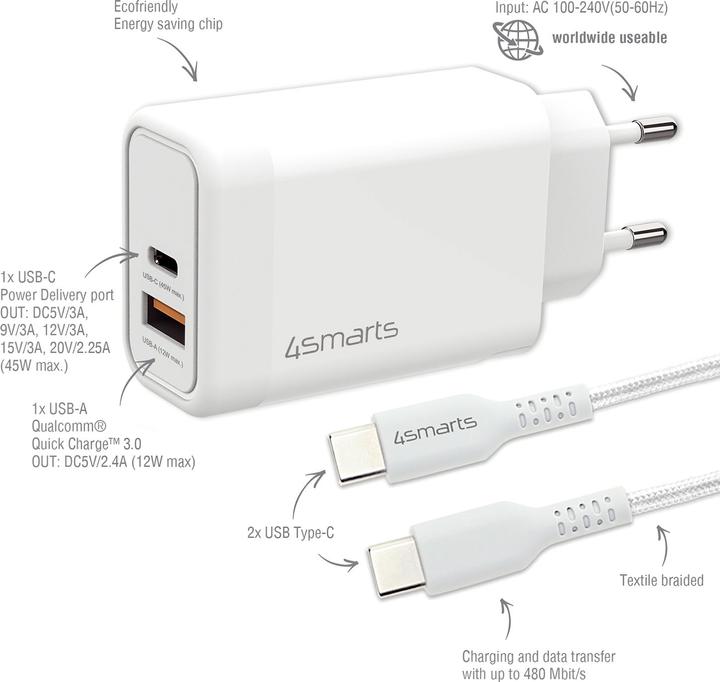 Actual product image 4smarts USB Wall Charger VoltPlug PD+QC 45W GaN USB-C / USB-C White (45 W)