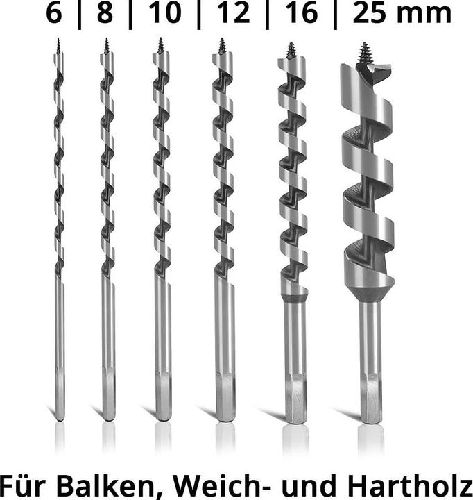 Produktbild Stahlwerk Holz-Schlangenbohrer 6er Set 6 / 8 / 10 / 12 / 16 / 25 mm Spiralbohrer (6 mm, 8 mm, 10 mm, 12 mm, 16 mm, 25 mm)