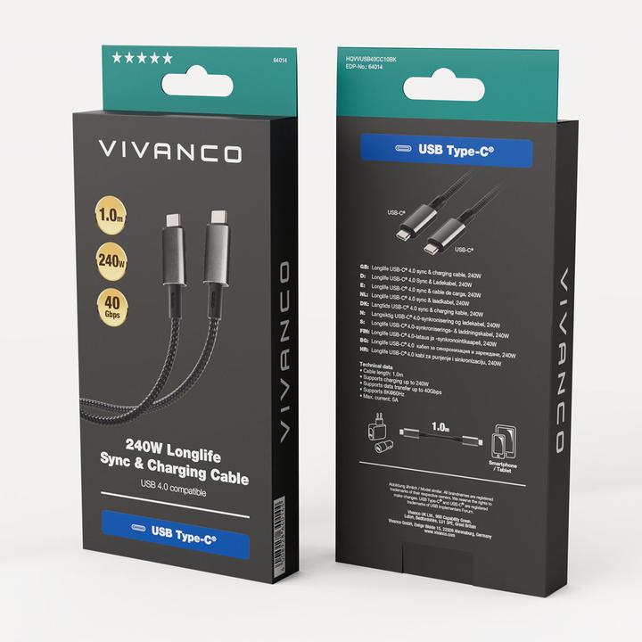 Produktbild Vivanco Longlife USB4.0 C-C Kabel, Metallstecker u. Nylon- geflecht, 5A / 240W, schwarz, 1,0m (1 m, USB 4.0, 240 W)