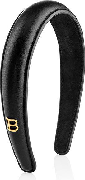 Balmain Black Leather Puffed Headband with Gold Plated Log