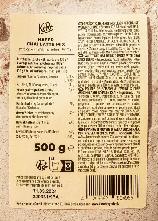 Nährwerte und Zutaten KoRo Chai Latte Mix (500 g)