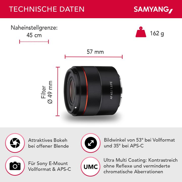 Immagine prodotto Samyang AF 45mm F1.8 FE (Sony E, APS-C / DX, Full-frame)