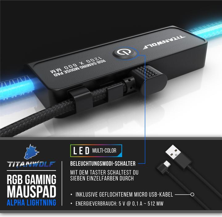 Produktbild Titanwolf RGB Gaming Mauspad, Mausmatte XXXL 1200 x 600mm verbessert Präzision & Geschwindigkeit, schwarz (XXL)