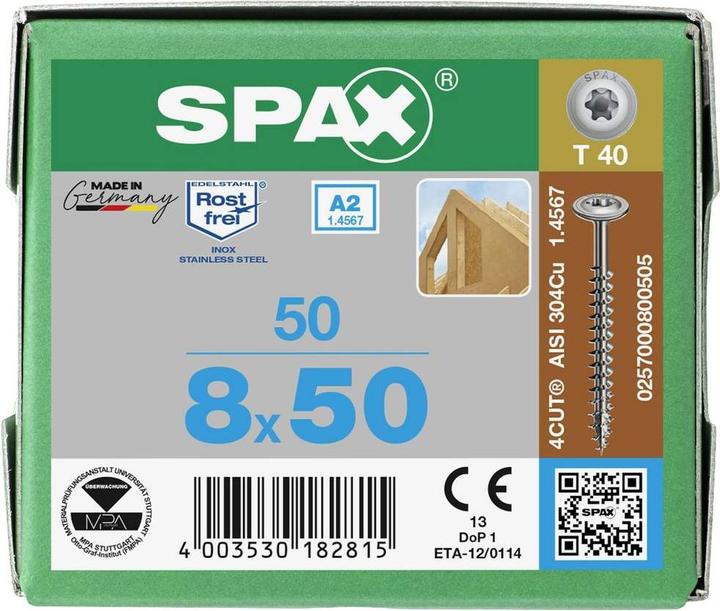Actual product image Spax Plate head screw R 88193 w.point/T-STAR TG 8 x 50/46-T40 A 2 (50 Screws per piece)
