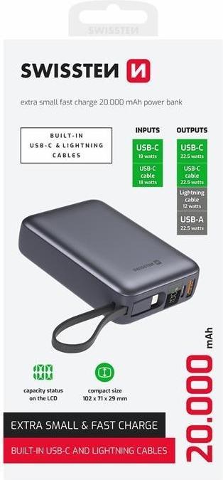 Produktbild Swissten Power Bank 20000 Mah with Built-In Cables USB-C and Lightning Space Silver (20000 mAh, 22.50 W, 22.50 Wh)