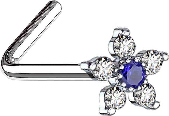 Star Piercing Nasenstecker gewinkelt silber Blume mit Kristall blau und silber (Chirurgenstahl 316L, Messing)