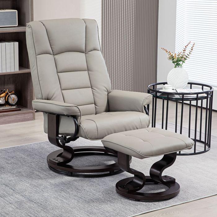 Produktbild Swisshandel24 Relaxsessel mit Hocker, 360° Drehbar, 130° neigbar, Liegefunktion, Kunstleder, Grau