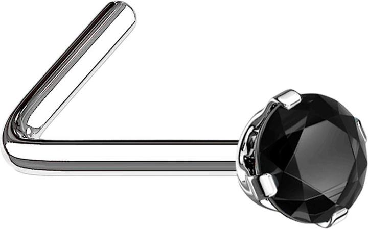 Star Piercing Nasenstecker gewinkelt silber runder Kristall schwarz gefasst (Chirurgenstahl 316L)