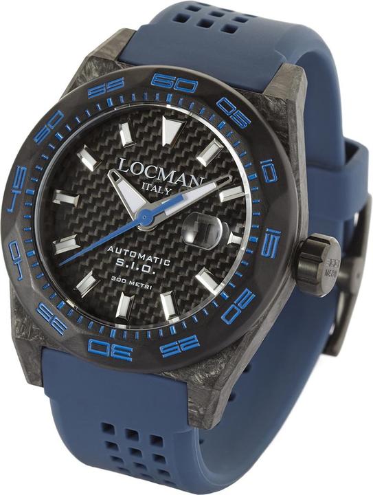 Produktbild Locman Italy Herrenuhr Stealth Carbon Automatik schwarz/blau Ref. 0216 (Analoguhr, 46 mm)
