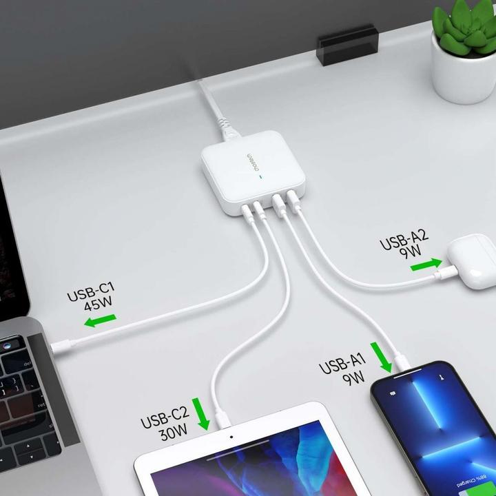 Productafbeelding Choetech PD8008 100W GaN snellader 2x USB-A / 2x USB-C - wit (100 W)