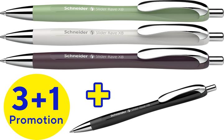 Immagine prodotto Schneider 3 + 1 GRATIS: Kugelschreiber Slider Rave XB farbsortiert, Schreibfarbe: blau, 3 St. + GRAT (1 x)