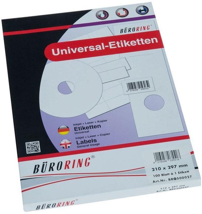 Produktbild Büroring Universal-Etiketten Papier weiss selbstklebend 210x297mm 100 Blatt=100 Etiketten