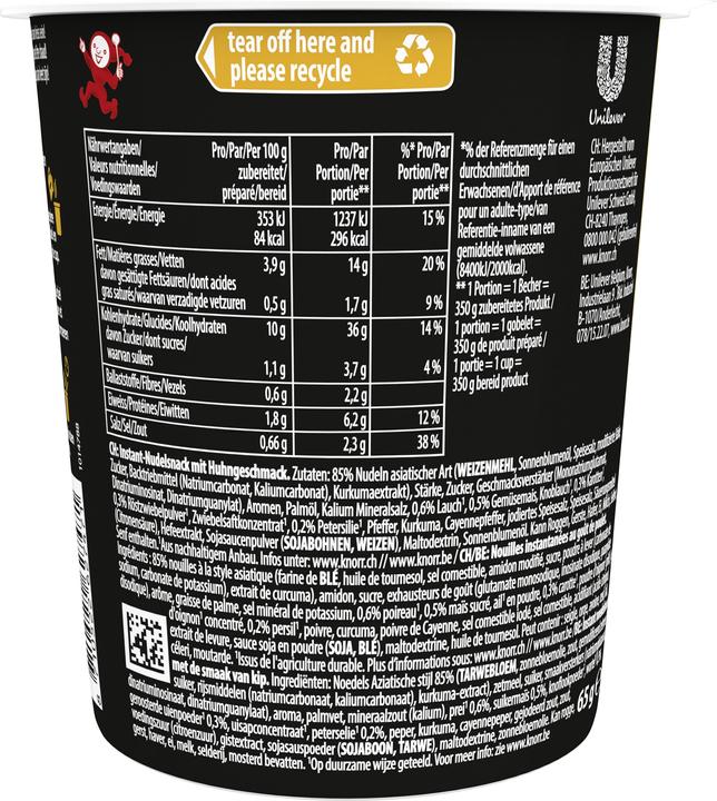 Nutritional values and ingredients Knorr Asia Noodles Chicken cup, Asian instant noodles snack with chicken, prepared in just 3 minutes (65 g)